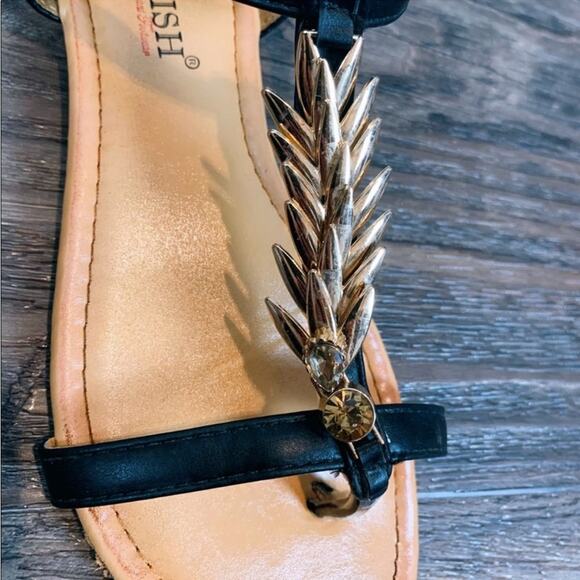 Strappy flat sandals black & gold leather ankle strap boho bohemian - Picture 4 of 9